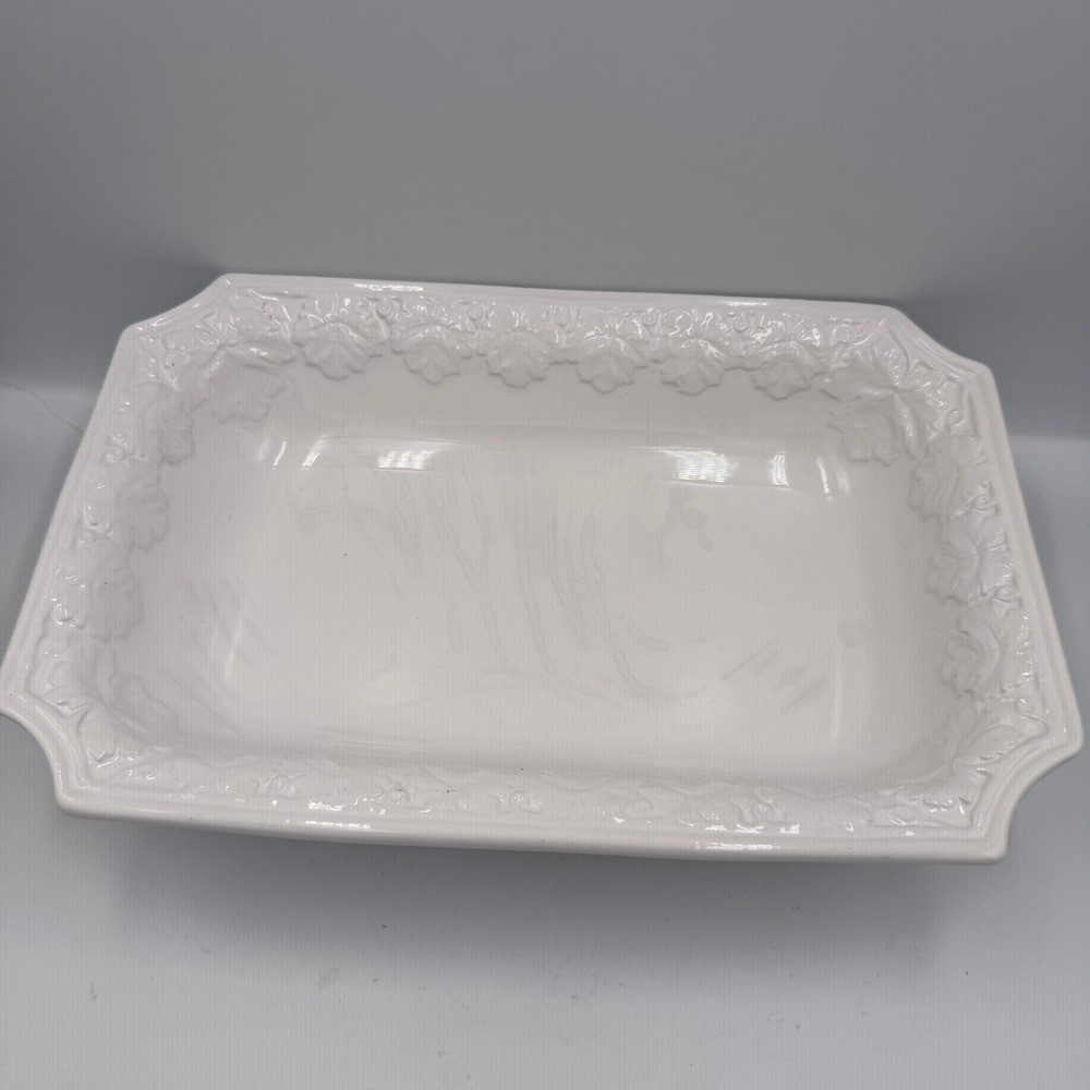 White Ceramic Rectangular Serving Dish Grape Leaf Border 14 Inch Italy